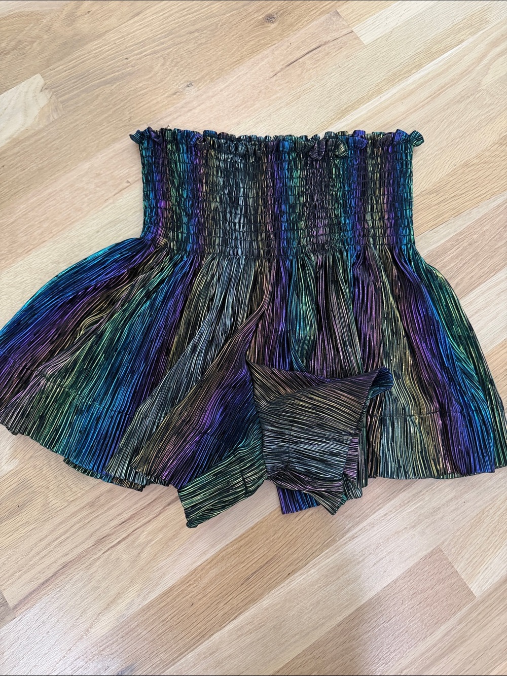 Smocked Iridescent Multi-Color Pleated Skater Shorts
